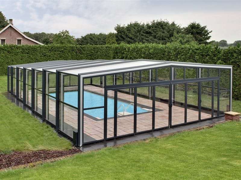 orion pool enclosure covering a one piece swimming pool.