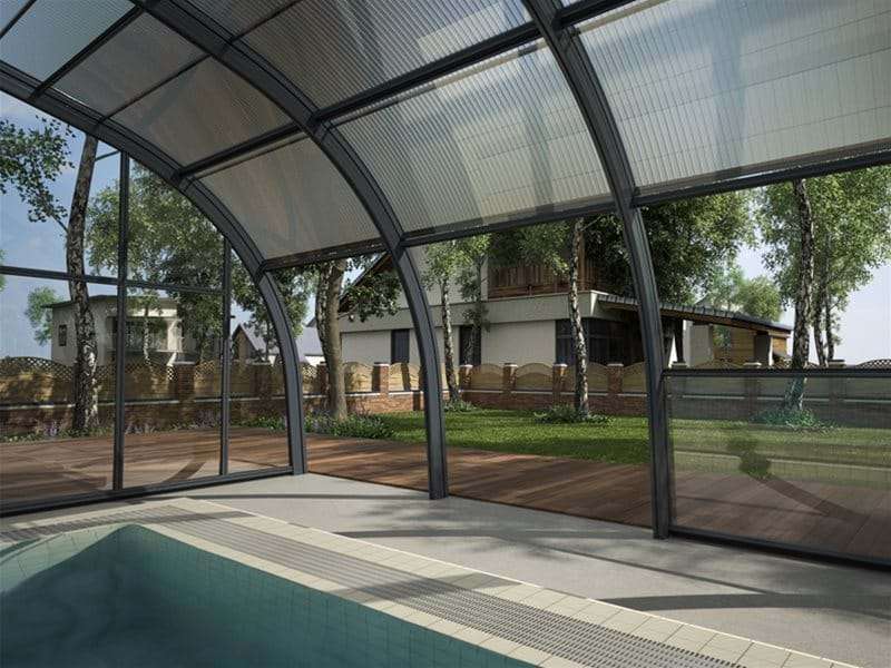 inside view of Endless Summer pool enclosure covering a swimming pool.