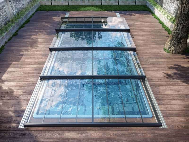 eagle view of Horizont pool enclosure covering a one piece swimming pool.