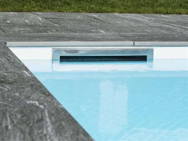 close up of skimmer top level one piece swimming pool.